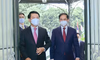 Bộ trưởng Ngoại giao Bùi Thanh Sơn và Bộ trưởng Ngoại giao Lào Saleumxay Kommasith. (Ảnh: Mofa) 