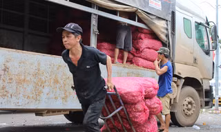 Cật lực làm việc, mỗi ngày giáp Tết phu bốc xếp hàng hóa kiếm được từ 200 - 500 ngàn đồng. Ảnh: Thanh Trần