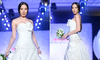 Chung Thục Quyên lộ dáng xập xệ khi mặc váy cưới