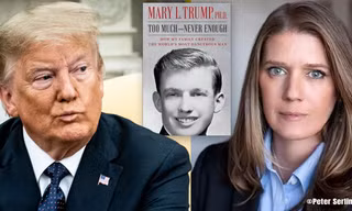 Tổng thống Donald Trump (trái), bà Mary Trump (phải) và cuốn sách của bà Mary (giữa). Ảnh: Yahoo News