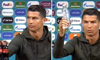 Ronaldo bỏ hai chai Coca-Cola đi chỗ khác, khuyên mọi người nên uống nước lọc. Ảnh chụp màn hình