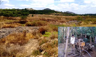Suối Ea M’droh trơ đá (ảnh lớn); Người dân ồ ạt khoan giếng (ảnh nhỏ).