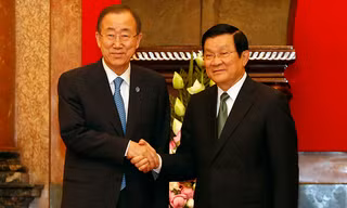 Chủ tịch nước Trương Tấn Sang và Tổng thư ký LHQ Ban Ki-moon trong cuộc họp báo chung hôm 22/5. Ảnh: Trúc Quỳnh.