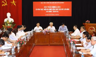 Ngày 27/8, tại Hà Nội, Học viện Chính trị Quốc gia Hồ Chí Minh tổ chức Hội thảo khoa học 45 năm thực hiện Di chúc của Chủ tịch Hồ Chí Minh (9/1969 - 9/2014). Ảnh: TTXVN