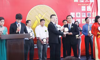 Thiên Ân (ngoài cùng bên phải, hàng trên) nhận thương hiệu tiêu biểu 2013 tại Văn phòng Quốc hội (Ảnh do nhân vật cung cấp)