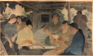 Bức tranh “Trong lán dân quân” của họa sĩ Nguyễn Văn Chung tại triển lãm “Còn mãi với thời gian”