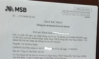 Giấy xác nhận một lần gửi tiền của khách hàng V.T.K.O. tại MSB có dấu đỏ và chữ ký lãnh đạo ngân hàng Ảnh: Ngọc Mai 