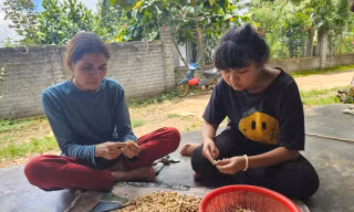 Chị H’Grôn Bkrông (trái) cùng con gái bóc vỏ hạt điềuẢnh: Huỳnh Thủy 