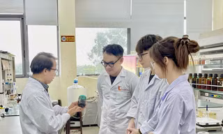 PGS.TS Nguyễn Trọng Nghĩa (Trường Hóa và Khoa học Sự sống, Đại học Bách khoa Hà Nội) hướng dẫn nhóm sinh viên thực hiện dự án 