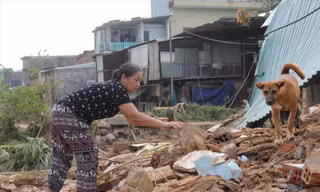 Bà Đỗ Thị Thanh Hoa (thôn Thạch Nham Đông) lật đống gạch vụn để tìm kiếm đồ đạc Ảnh: Giang Thanh 