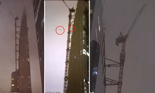 Người đi đường sợ hãi khi cần cẩu cao 70 mét xoay tít do mưa to gió lớn, hất tung mọi thứ