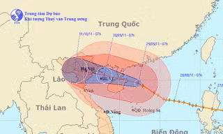Đường đi và vị trí cơn bão số 5. Nguồn: Trung tâm Dự báo khí tượng thủy văn T.Ư ngày 29-9