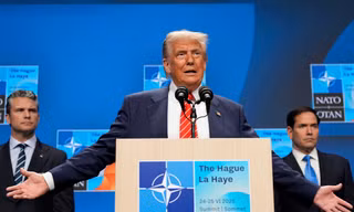 Tổng thống Mỹ Donald Trump phát biểu tại thượng đỉnh NATO ngày 25/6. (Ảnh: AP)