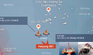 Vị trí mới của giàn khoan 981 (ảnh lớn-nguồn Vnexpress, đồ họa của Đồng Nguyên Anh), Giàn khoan 981 và tàu ngư dân Lý Sơn từng bị tàu Trung Quốc đâm chìm. 