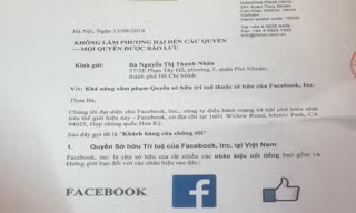 Thư đại diện pháp lý của Facebook cảnh báo Nàng Gánh. Ảnh: Trung Hiếu chụp lại