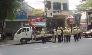 Cty TNHH Một thành viên Chiếu sáng và Thiết bị đô thị Hà Nội dọn “rác trời” tại phố Ngô Thị Nhậm chiều 8/7. ảnh: KN