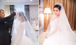 Kết hợp cùng chiếc váy cưới lộng lẫy là voan dài và vương miện kim cương được Huỳnh Hiểu Minh đặt trong một chuyến đi Châu Âu 