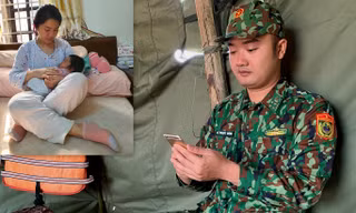 Đại úy Lê Ngọc Dũng trò chuyện với vợ và con gái đầu lòng qua điện thoại từ chốt chống dịch