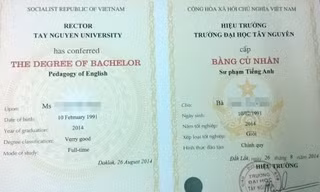 Văn bằng của một sinh viên tốt nghiệp ngành sư phạm tiếng Anh ĐH Tây nguyên. 