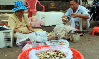 Vợ chồng bà Hai là tiểu thương quen thuộc ở chợ Long Khánh mỗi khi có đợt nấm mối. Ảnh: Phước Tuấn/VnExpress