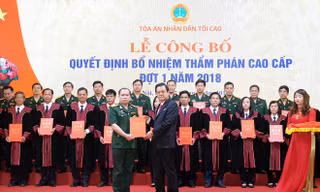 Phó Chánh án TANDTC Lê Hồng Quang trao quyết định bổ nhiệm cho các Thẩm phán Cao cấp. Ảnh Congly.vn