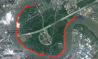 Bán đảo Thủ Thiêm được bao quanh bởi sông Sài Gòn. Ảnh: Google maps