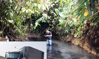 Xe đổ trộm chất thải nguy hại là dầu thải (ảnh nhỏ) vào khu vực đầu nguồn nước sông Đà vừa qua