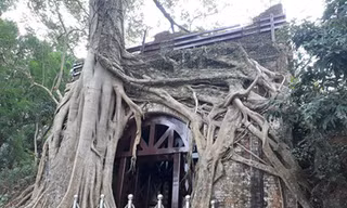 Thành cổ Sơn Tây được "nhốt" trong khung sắt để tránh bị đổ trong lúc chờ dự án tu bổ. Ảnh: Lao Động