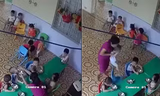 Giáo viên mầm non nhồi nhét thức ăn, đánh không thương tiếc bé trai 2 tuổi ở Hà Nội.(Ảnh: cắt từ clip). 