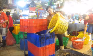 Chị Trịnh Thị Hiếu 40 tuổi, có hơn chục năm kéo cá thuê ở chợ Bình Điền
