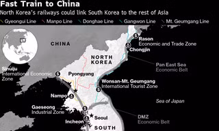 Bản đồ phác thảo dự án đường sắt xuyên Á nối liền 2 miền Triều Tiên (Ảnh: Bloomberg)