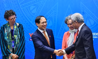 Bộ trưởng Ngoại giao Bùi Thanh Sơn bắt tay Điều phối viên LHQ tại Việt Nam Kamal Malhotra trong phiên thảo luận mở ngày 8/4. Ảnh: Nguyên Hồng