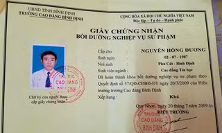 Giấy chứng nhận bồi dưỡng nghiệp vụ sư phạm của anh Nguyễn Hồng Dương tại Trường Cao đẳng Bình Định không được công nhận.