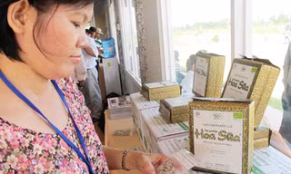 Khách xem gạo hữu cơ Hoa Sữa. Ảnh: Trần Mạnh