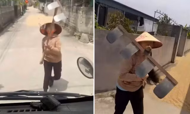 Phơi lúa lấn đường, người phụ nữ dùng cào chặn xe tải, tấn công tài xế 