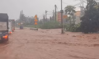 Quốc lộ thành sông, tài xế ô tô lập ‘hàng rào’ cứu xe máy giữa dòng nước xiết