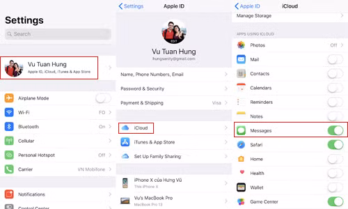 Các bước mở tính năng Messages in iCloud.