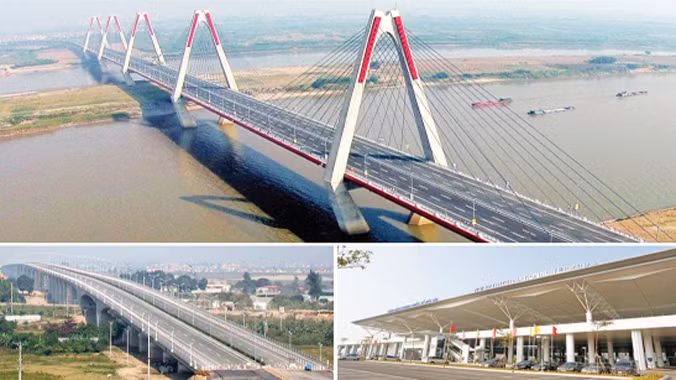 Cụm dự án Nhật Tân - Nội Bài mới khánh thành: Cầu Nhật Tân (ảnh trên), đường Võ Nguyên Giáp (trái), nhà ga T2 (phải). Ảnh: PV.