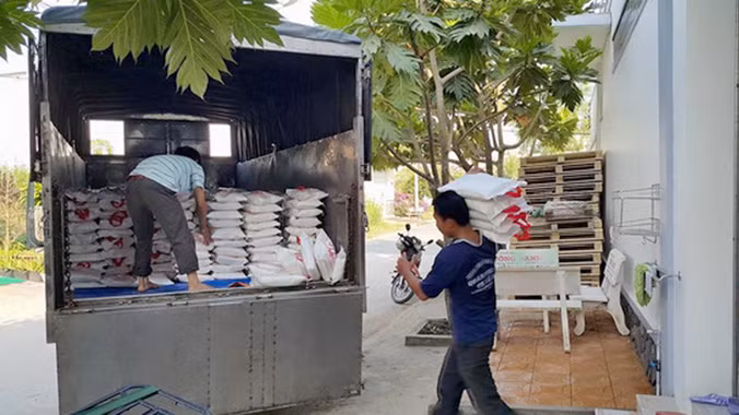 Chuẩn bị đem gạo Campuchia giao cho khách ở cửa hàng chị Tú