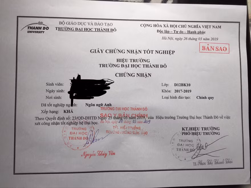 Giấy chứng nhận tốt nghiệp của sinh viên ngành Ngôn ngữ Anh ĐH chính quy, trường ĐH Thành Đô trúng tuyển năm 2017, tốt nghiệp năm 2019