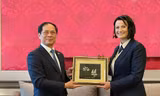 Bộ trưởng Ngoại giao Bùi Thanh Sơn tặng tranh cho Chủ tịch Thượng viện Bỉ Stephanie D’Hose. (Ảnh: Mofa)