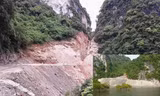 Con đường san gạt, xẻ núi có chỗ khoét sâu hàng chục mét (ảnh lớn) Điểm cuối đường đã thông ra tới bờ biển tại khu vực vụng Vuông, đất đá đổ tràn xuống bờ vịnh Hạ Long (ảnh nhỏ)