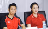Cặp đôi vàng của cầu lông Việt Nam, Nguyễn Tiến Minh-Vũ Thị Trang tại buổi họp báo giới thiệu giải. Ảnh: H.M.