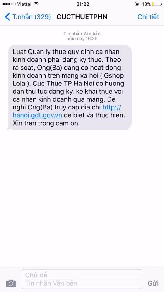 Tin nhắn của Cục Thuế Hà Nội yêu cầu người bán hàng trên facebook nộp thuế