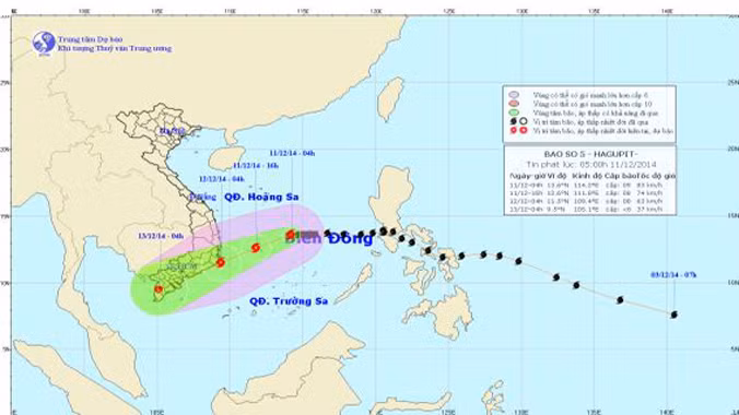 Hướng di chuyển của bão số 5. Ảnh: Trung tâm Dự báo khí tượng thủy văn TƯ.