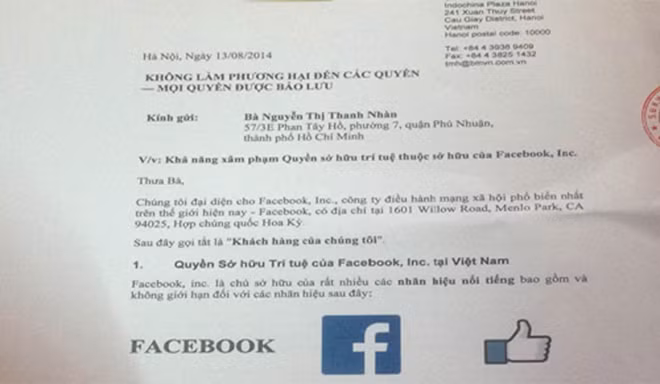 Thư đại diện pháp lý của Facebook cảnh báo Nàng Gánh. Ảnh: Trung Hiếu chụp lại