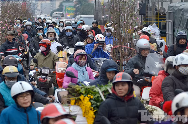 Những ngày giáp Tết Bính Thân, đường Âu Cơ (Tây Hồ, Hà Nội) dẫn vào chợ hoa Quảng An thường xuyên trong tình trạng ùn ứ giao thông kéo dài.