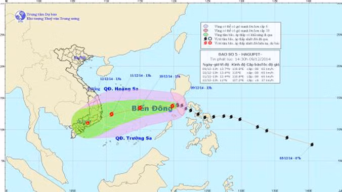 Hướng di chuyển của bão số 5. Ảnh: Trung tâm Dự báo khí tượng thủy văn TƯ.