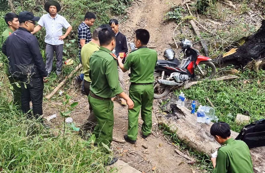 Lực lượng chức năng điều tra tại hiện trường vụ phá rừng.