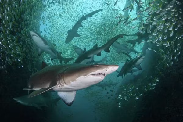 Bức ảnh nhà nhiếp ảnh Úc Nicolas Remy, chiến thắng trong hạng mục Conservation Photographer of the Year (HOPE) tại cuộc thi Ocean Photographer of the Year 2022. Một tập hợp những con cá mập xám trong tình trạng nguy cấp ở bờ biển New South Wales.